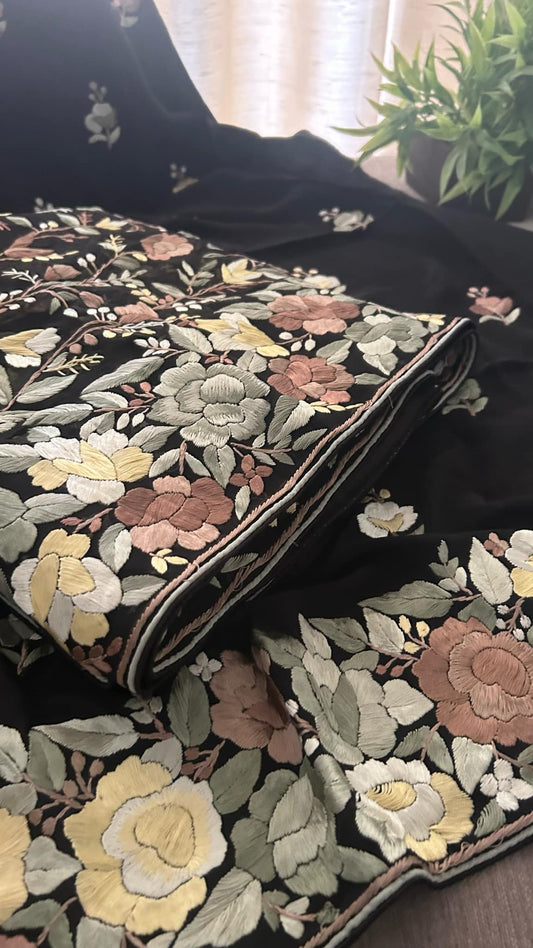 Pre Order Exclusive Black Multicolour  Parsi Gara Suit (Three Piece)