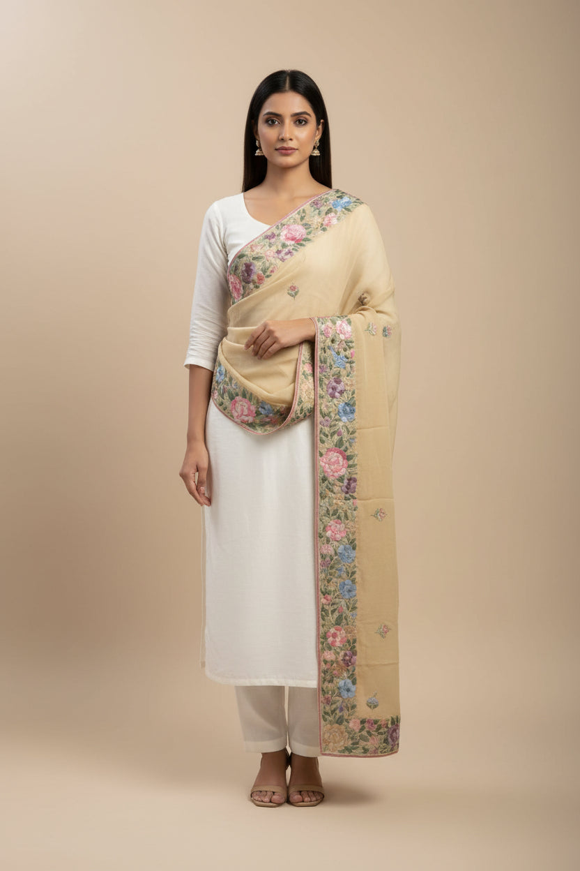 Designer Beige Parsi Gara Dupatta