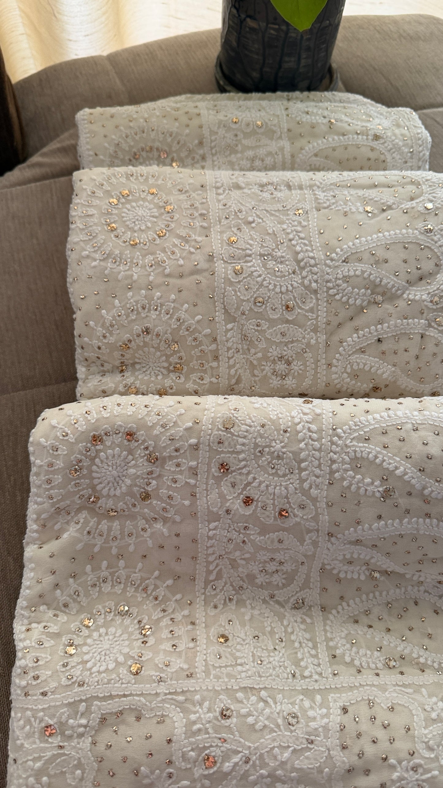 Ivory Pure Georgette Mukaish Chikankari Saree