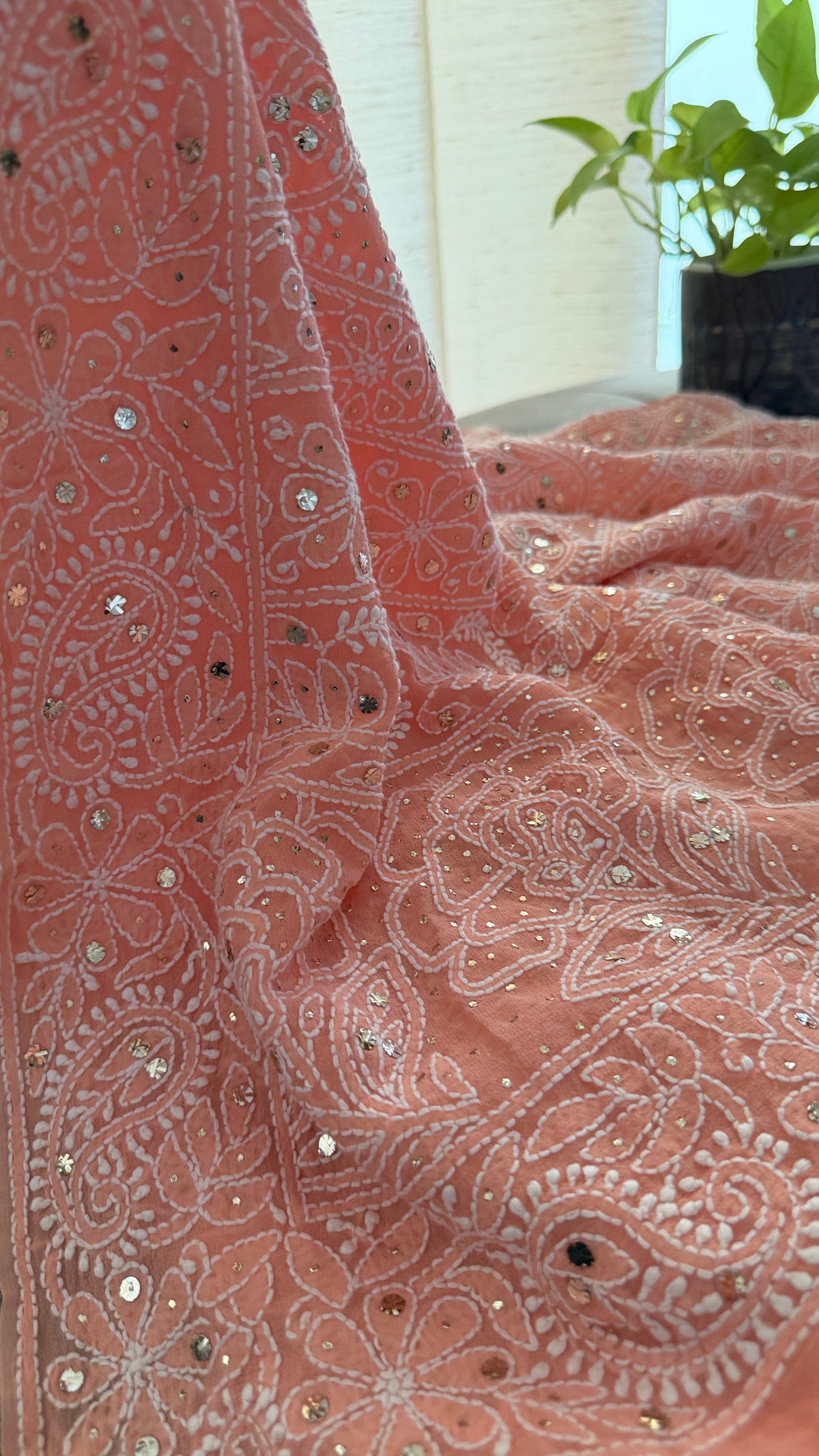 Peach Mukaish Chikankari Saree