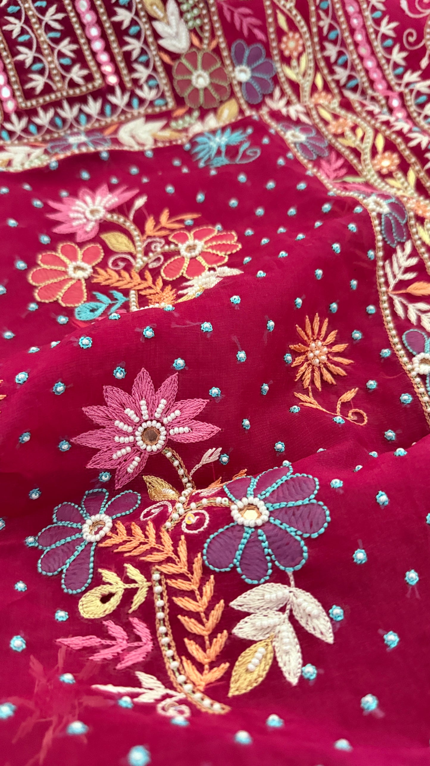 Luxury Pearl Handcrafted Organza Chikankari Suit- Magenta