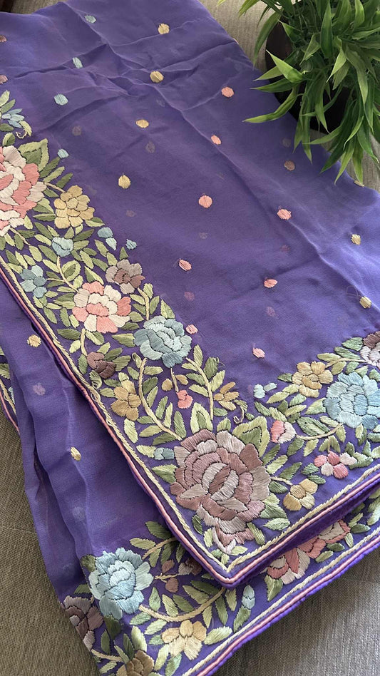 Designer Purple Parsi Gara Hand Embroidered Dupatta