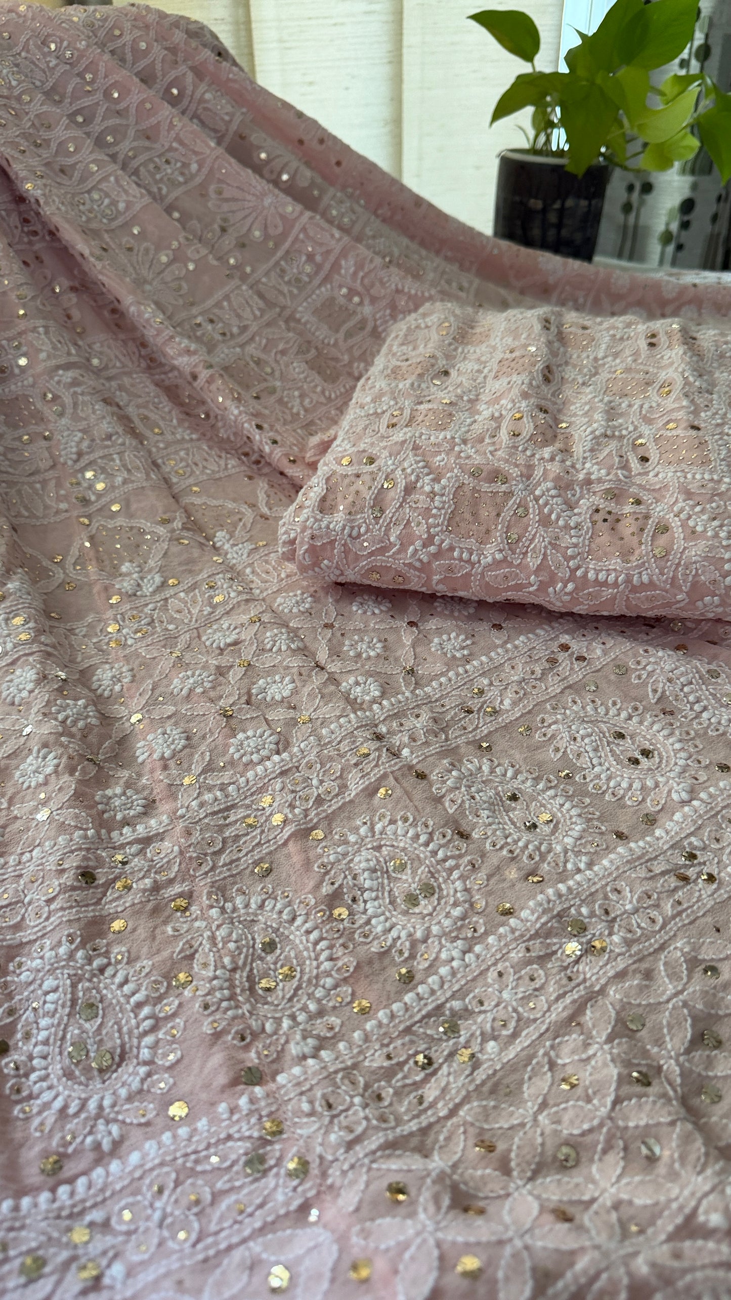 Powder Pink Mukaish Chikankari Lehenga Set