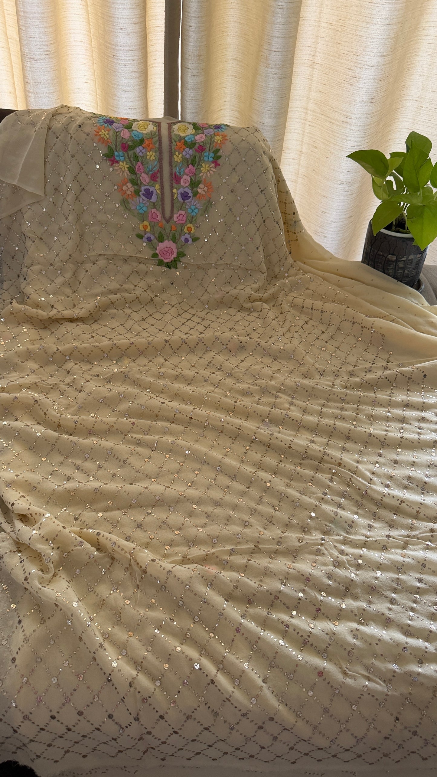 Beige Multicolour Neckline Kamdani Suit