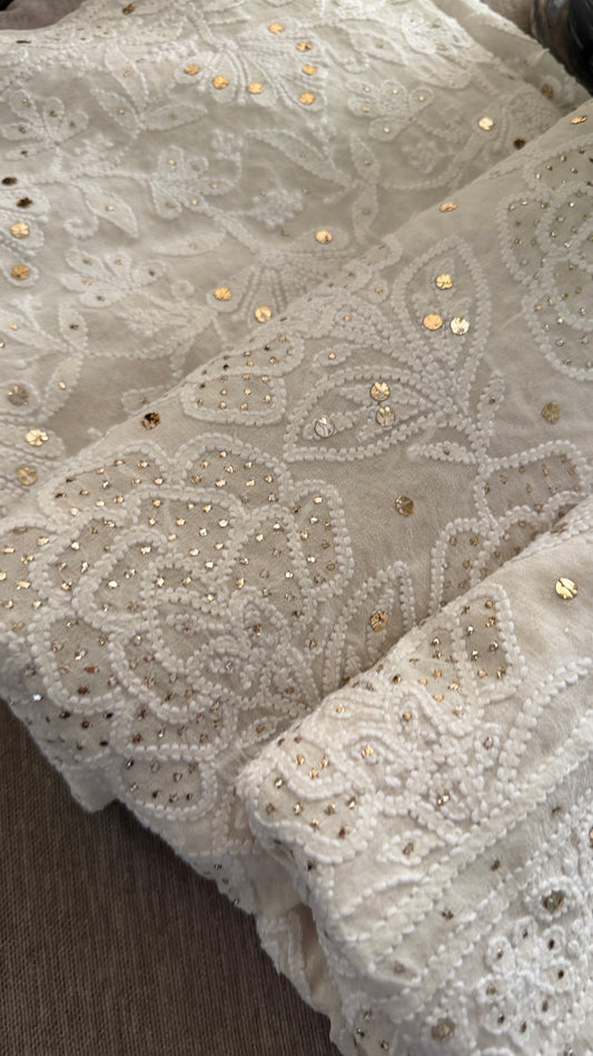 Ivory White Golden Mukaish Chikankari Dupatta