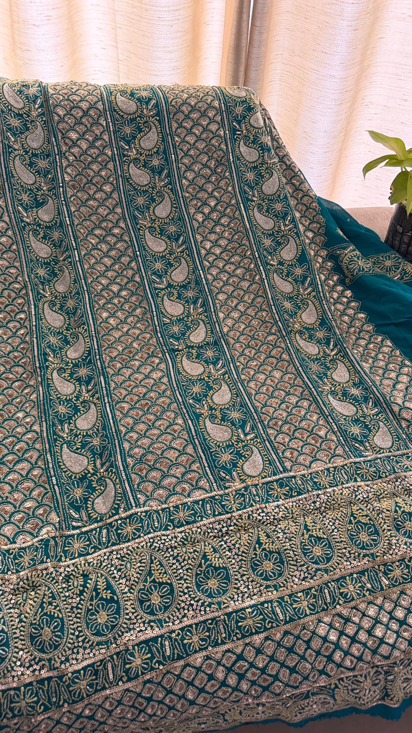Masterpiece Green Gold Cut Dana Sequin Chikankari Suit (Kurta & Dupatta)
