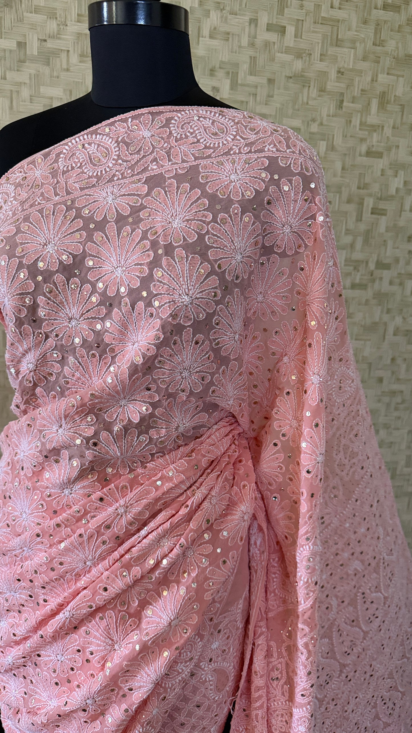 Peach Mukaish Chikankari Saree