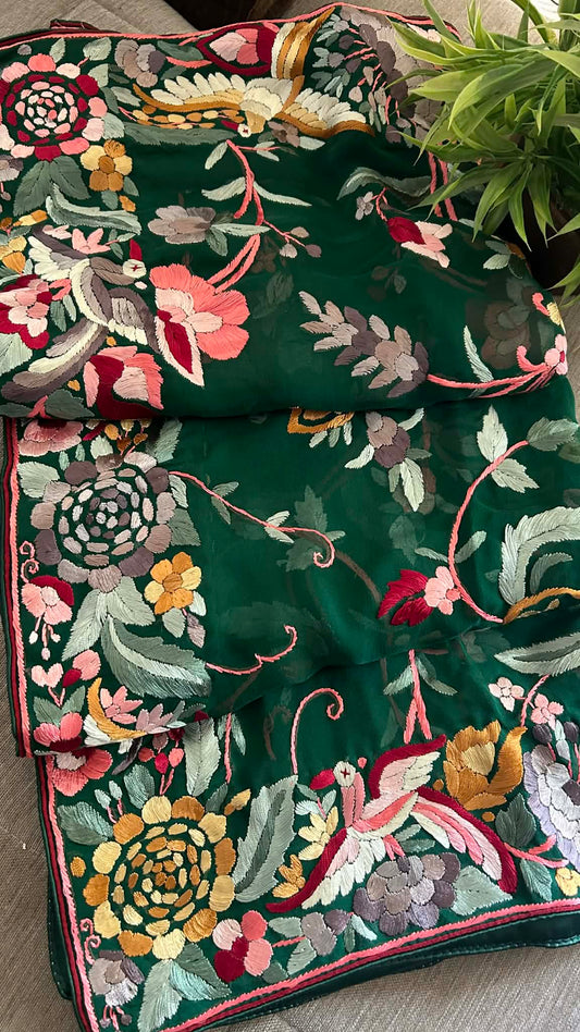 Emerald Green Multicolour Parsi Gara Dupatta