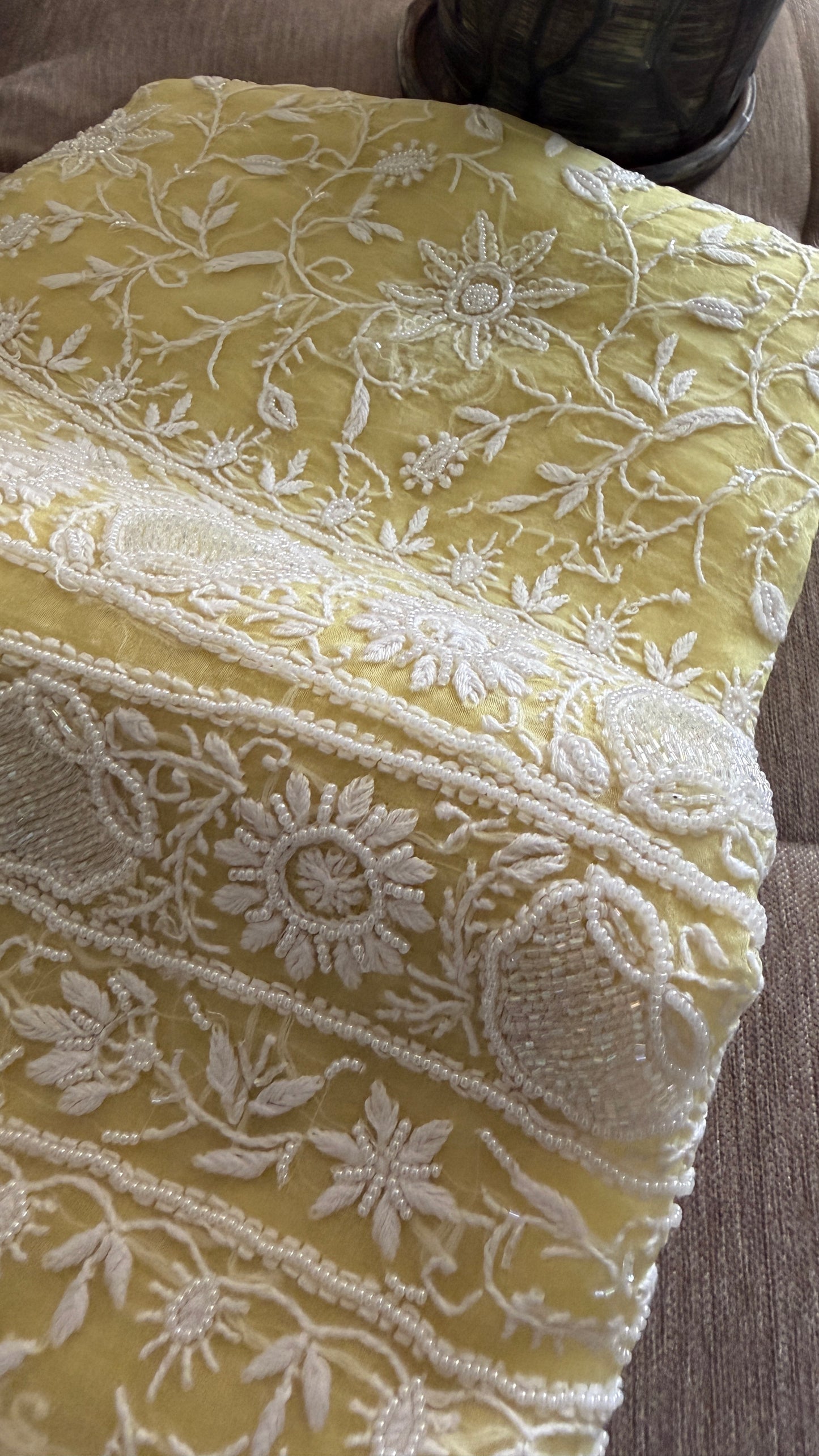 Designer Yellow Organza Cut Dana Pearl Chikankari Suit