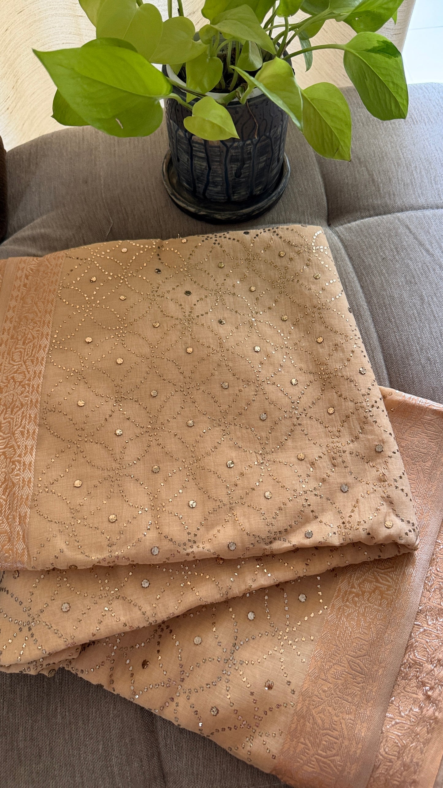 Beige Cotton Chanderi Mukaish Saree for Women