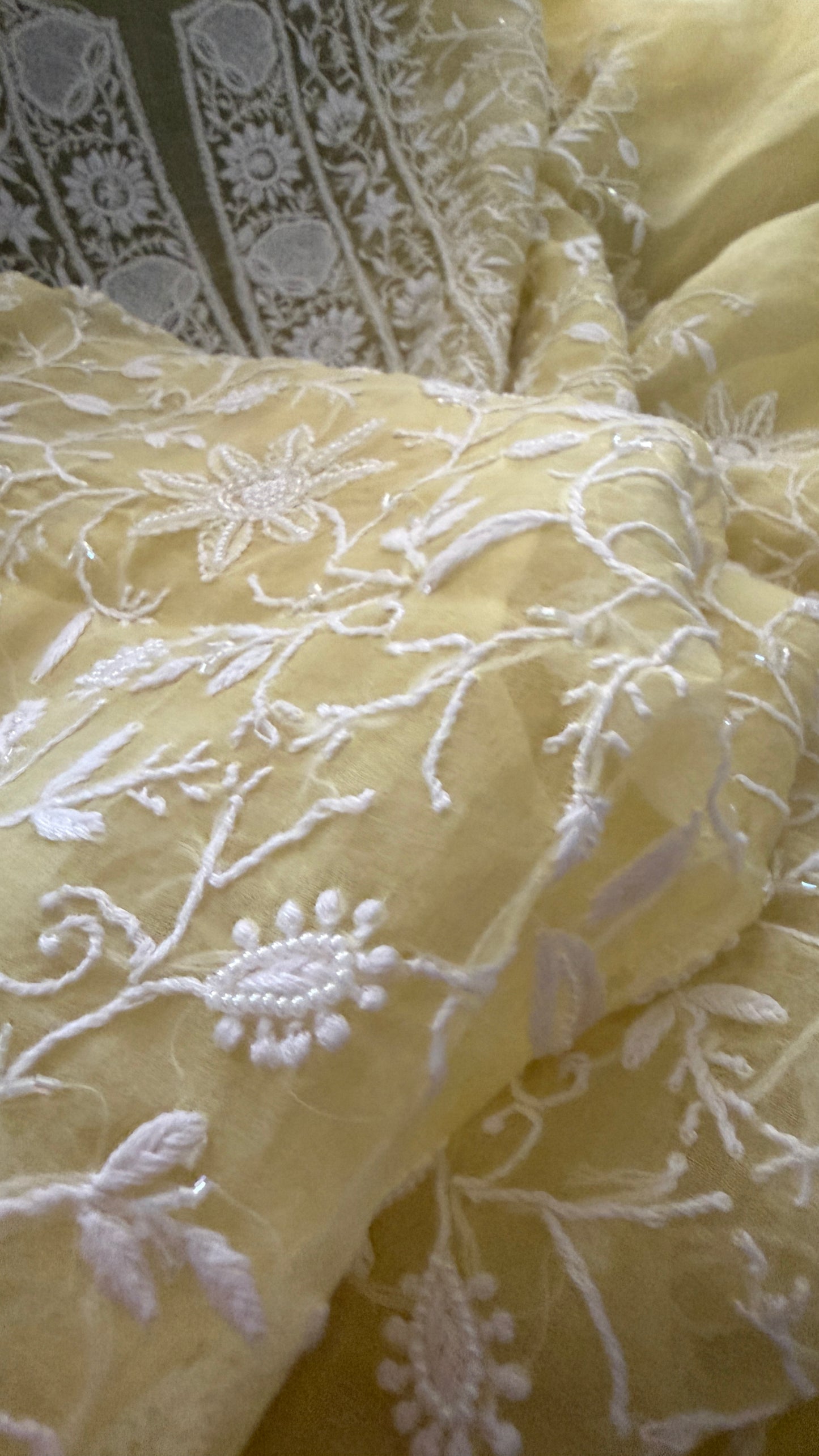 Designer Yellow Organza Cut Dana Pearl Chikankari Suit