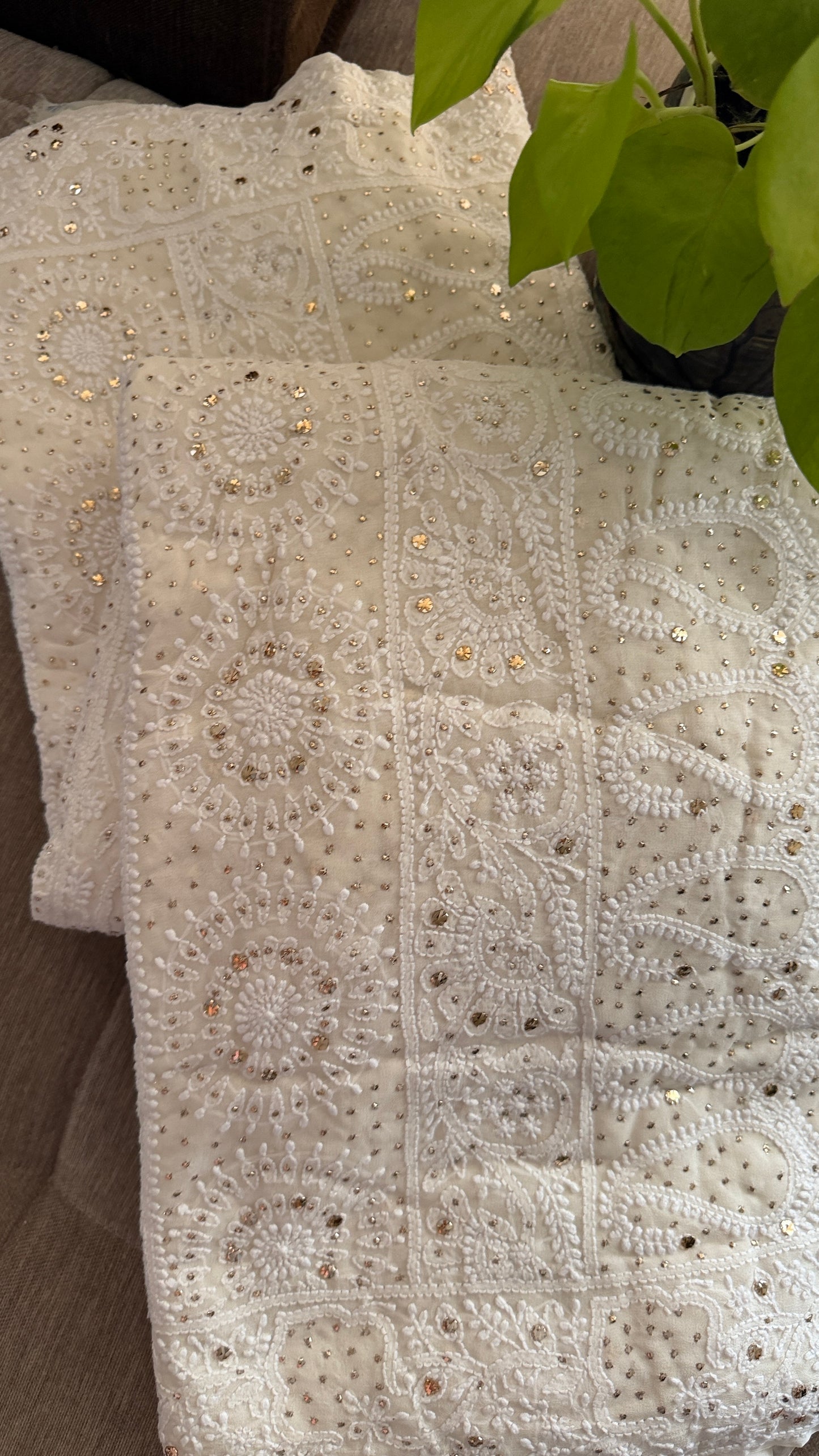 Ivory Pure Georgette Mukaish Chikankari Saree