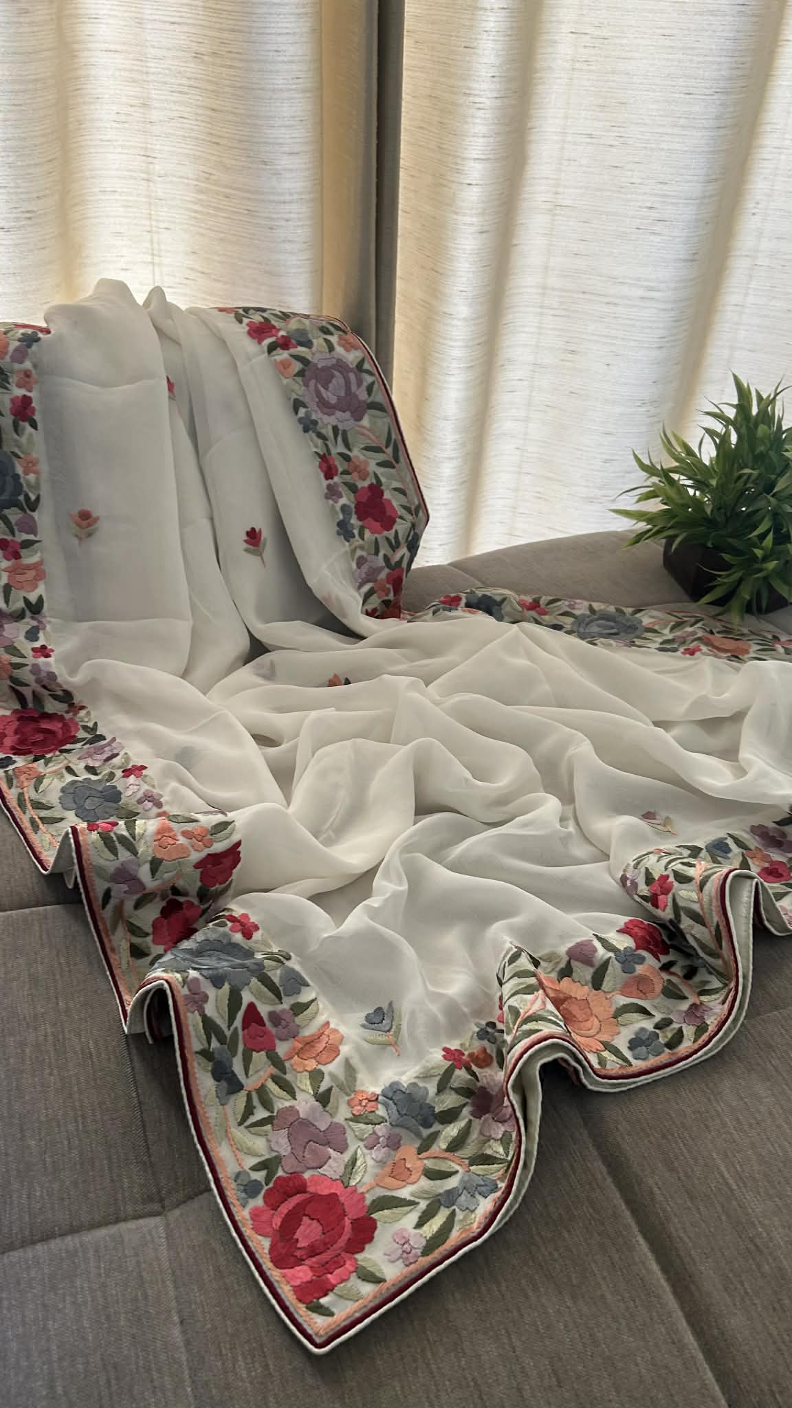 Designer Ivory White Parsi Gara Dupatta