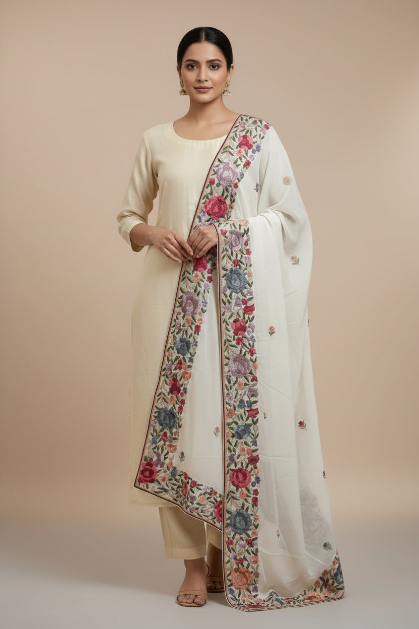 Designer Ivory White Parsi Gara Dupatta