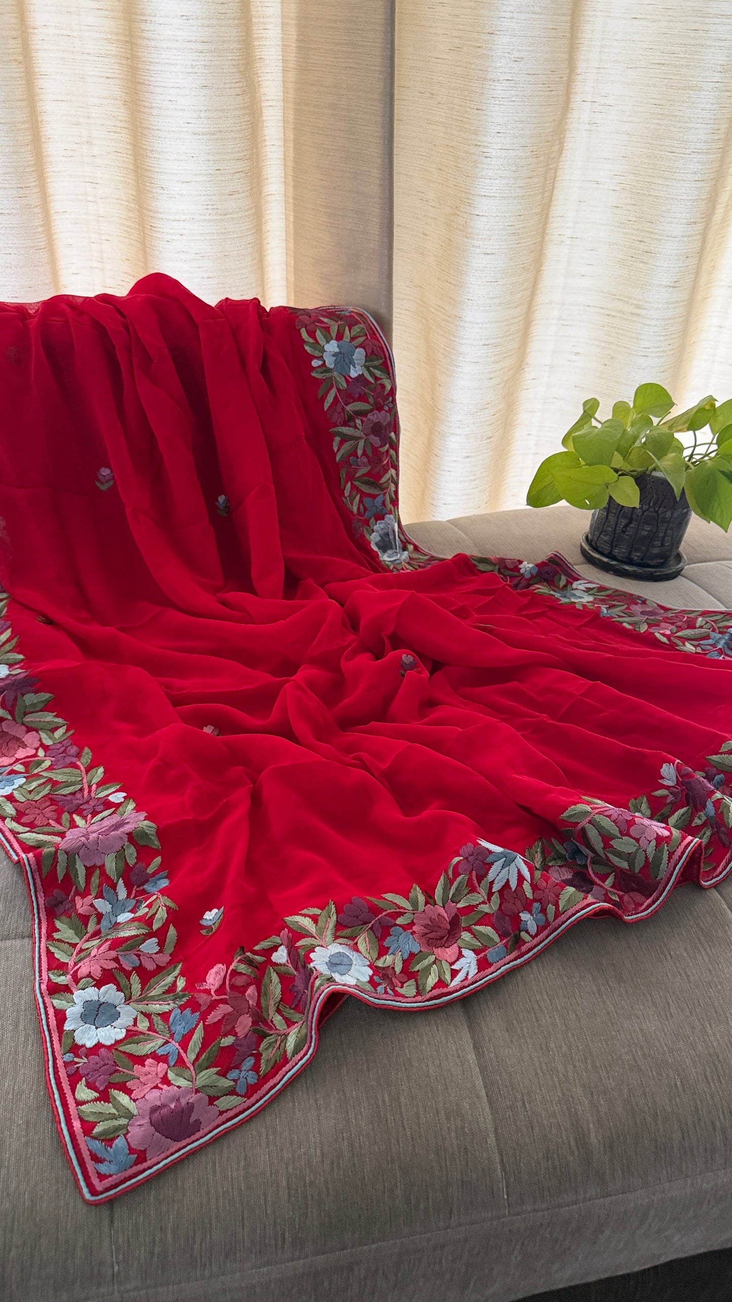 Artisanal Red Floral Parsi Gara Dupatta