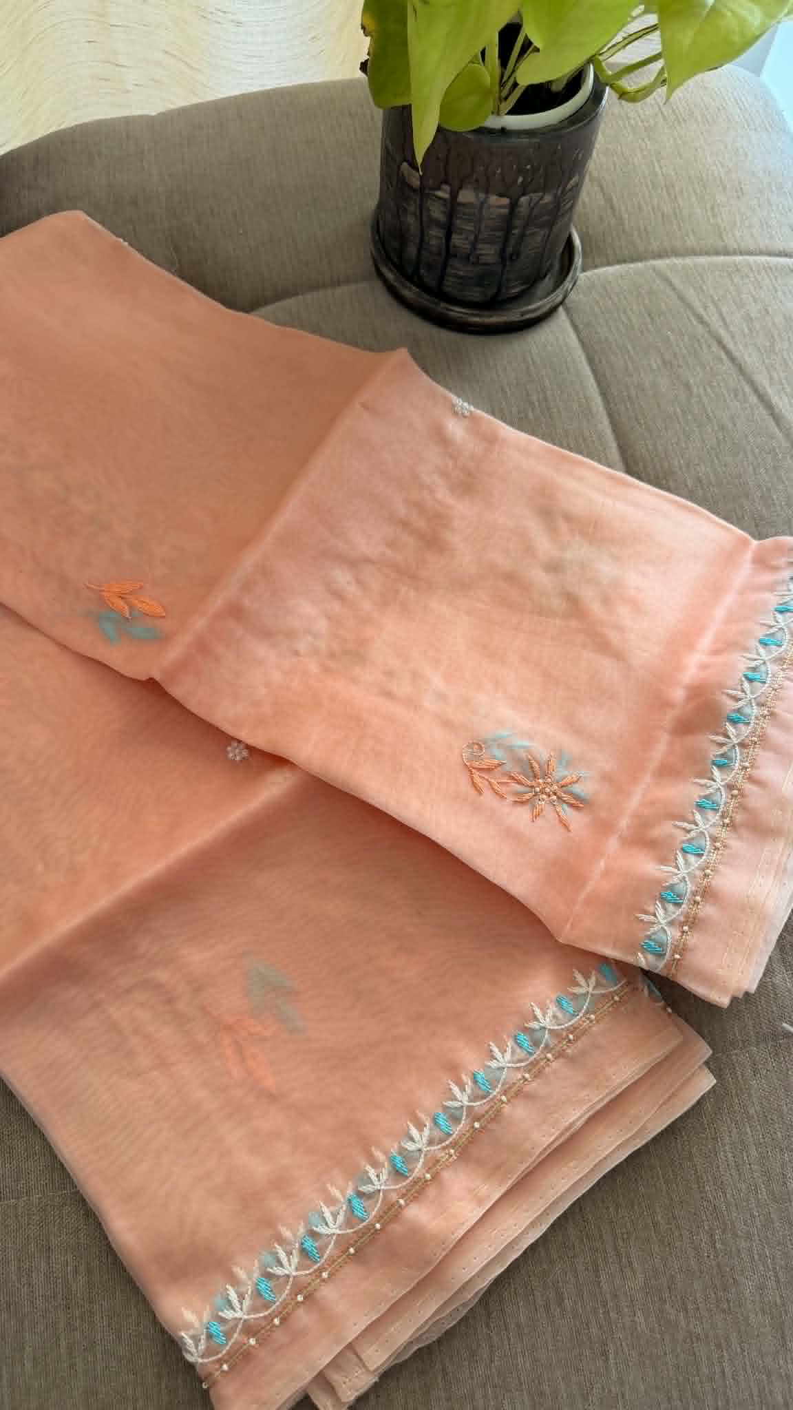 Luxury Pearl Handcrafted Organza Chikankari Suit- Peach