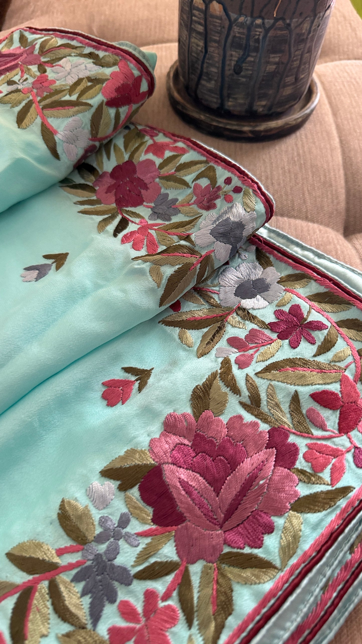 Designer Aqua Green Crepe Silk Parsi Gara Dupatta