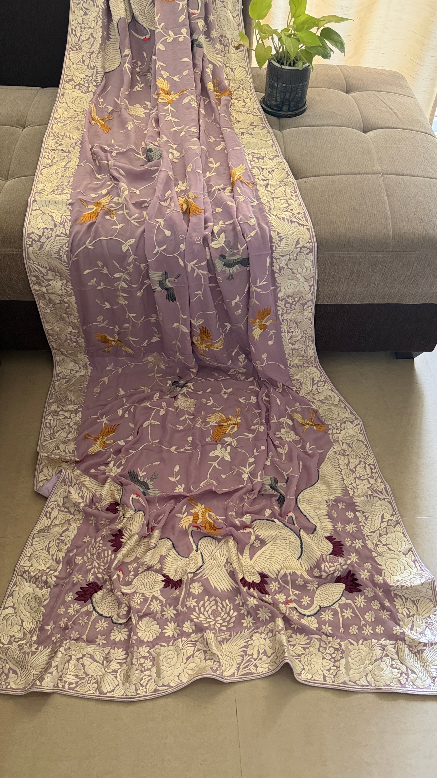 Lilac Pure Georgette Parsi Gara Dupatta