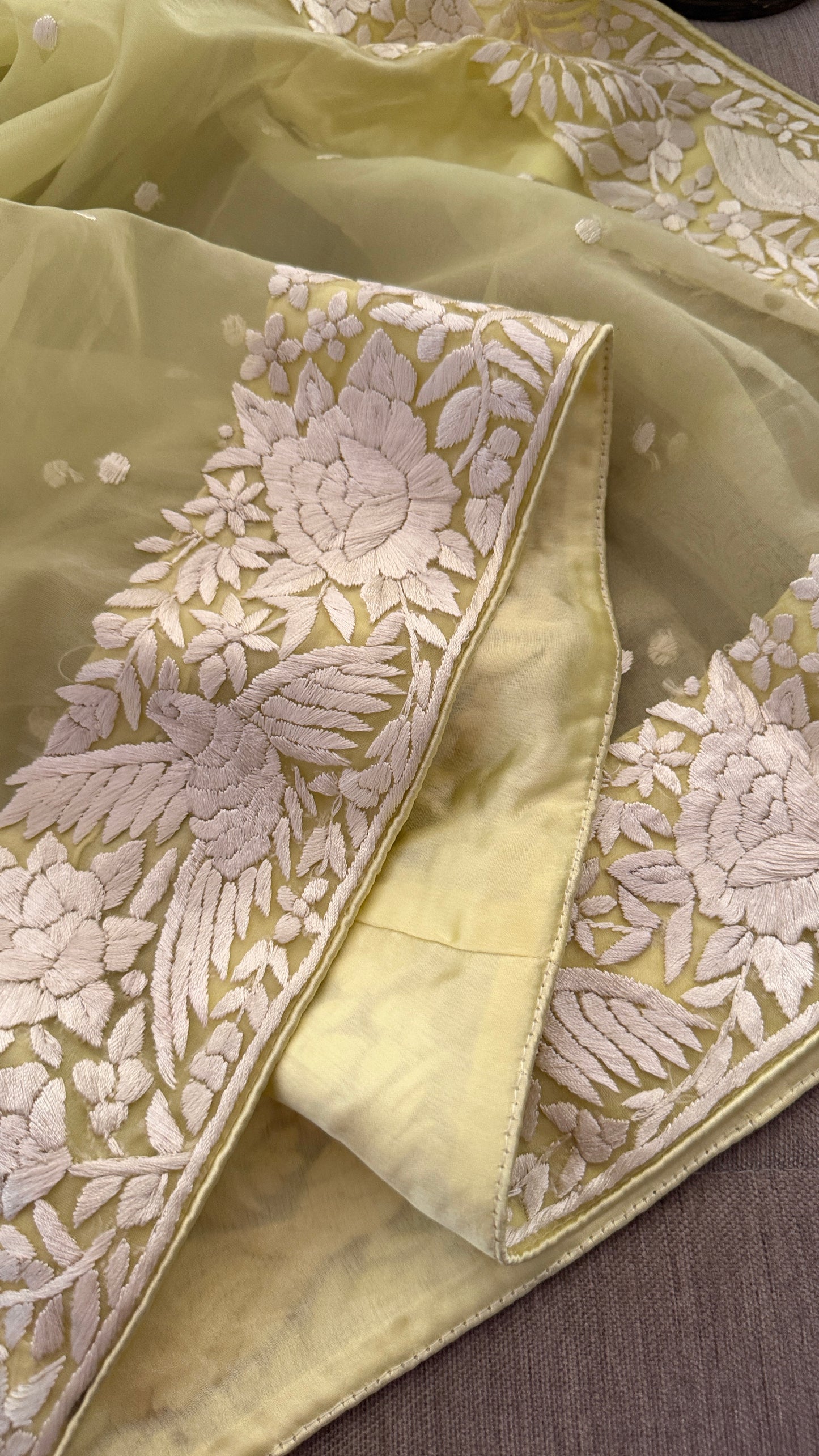 Lime Green Organza Parsi Gara Dupatta