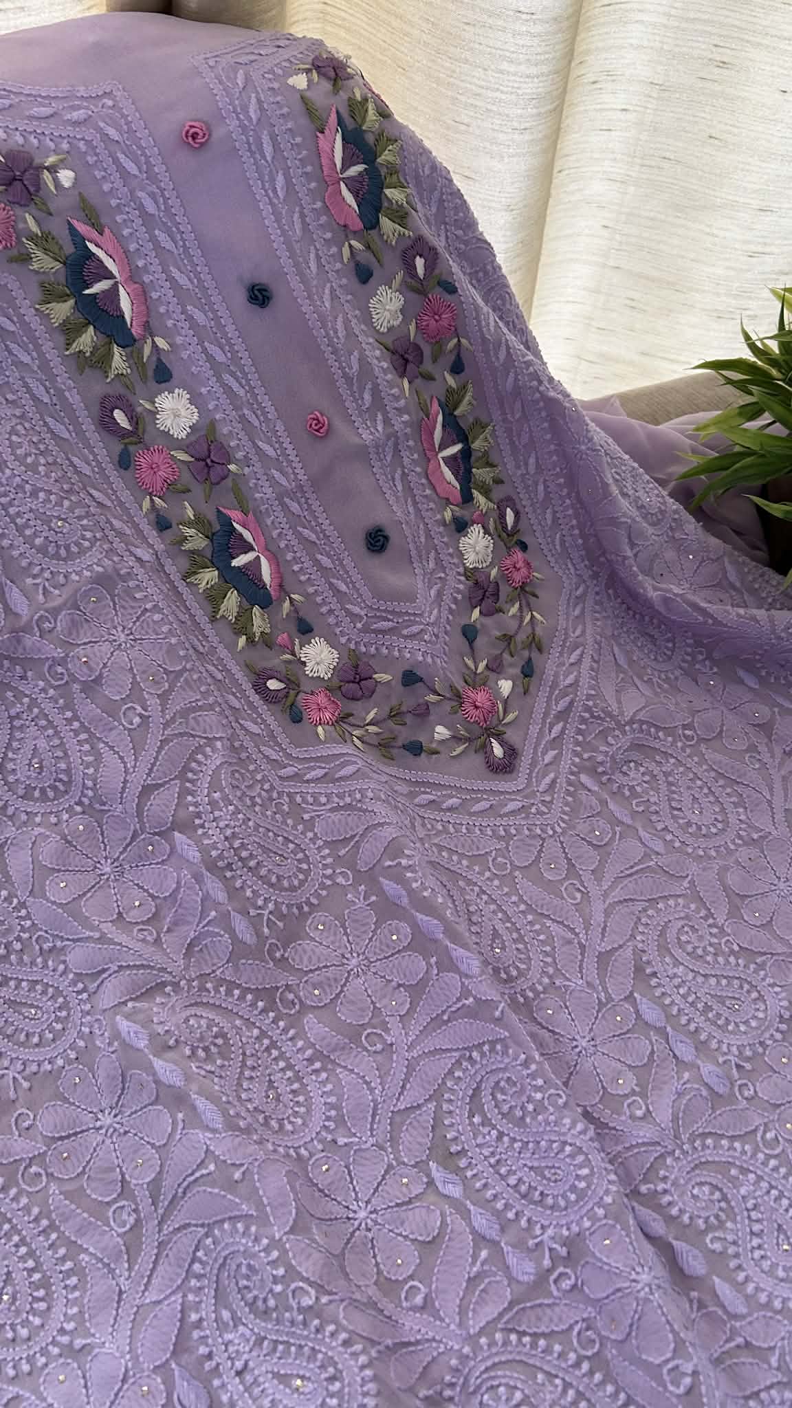 Lilac Chikankari Parsi Gara Neckline Suit