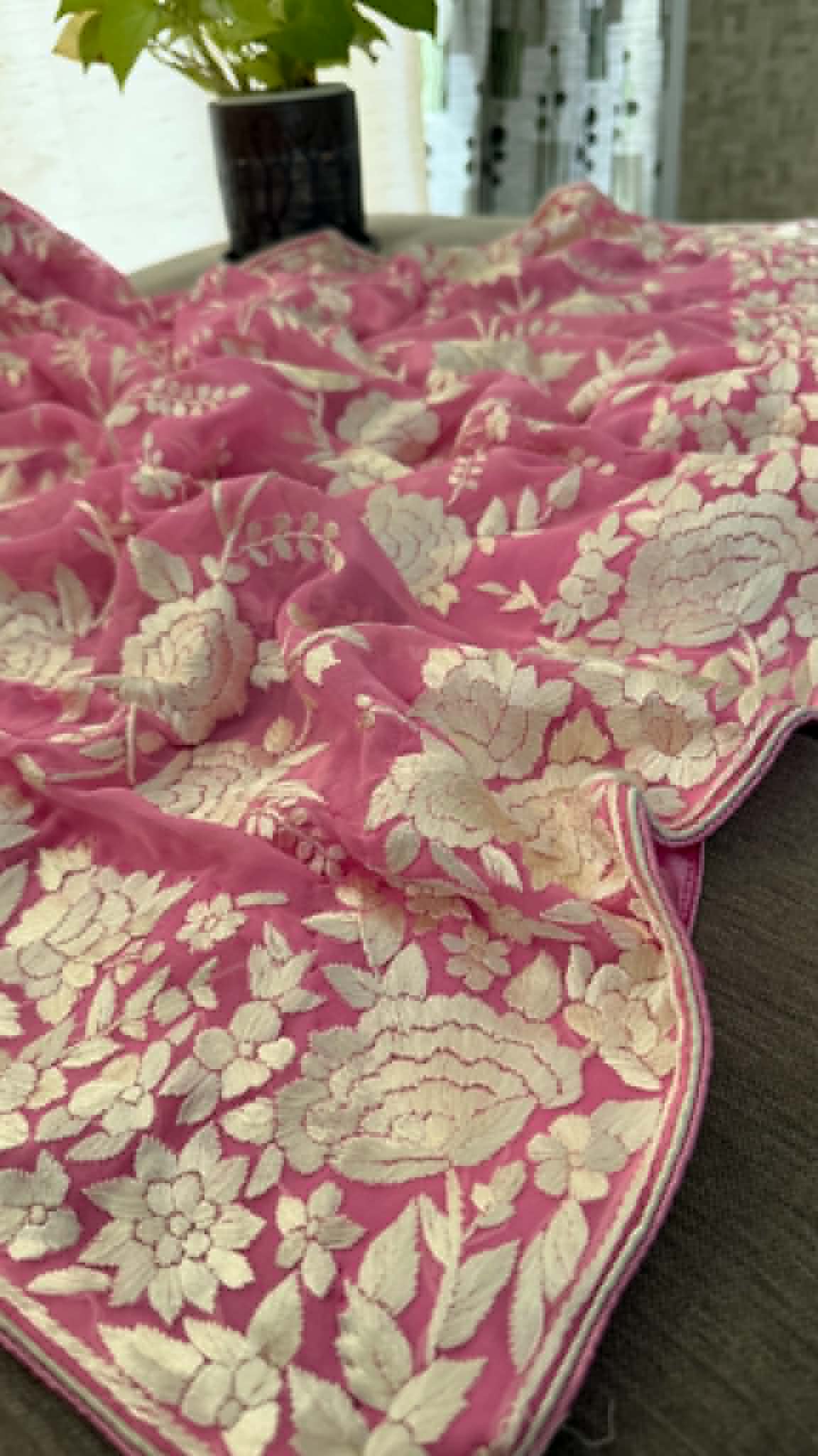 Elegant Pink & Ivory Parsi Gara Dupatta