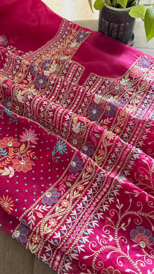 Luxury Pearl Handcrafted Organza Chikankari Suit- Magenta