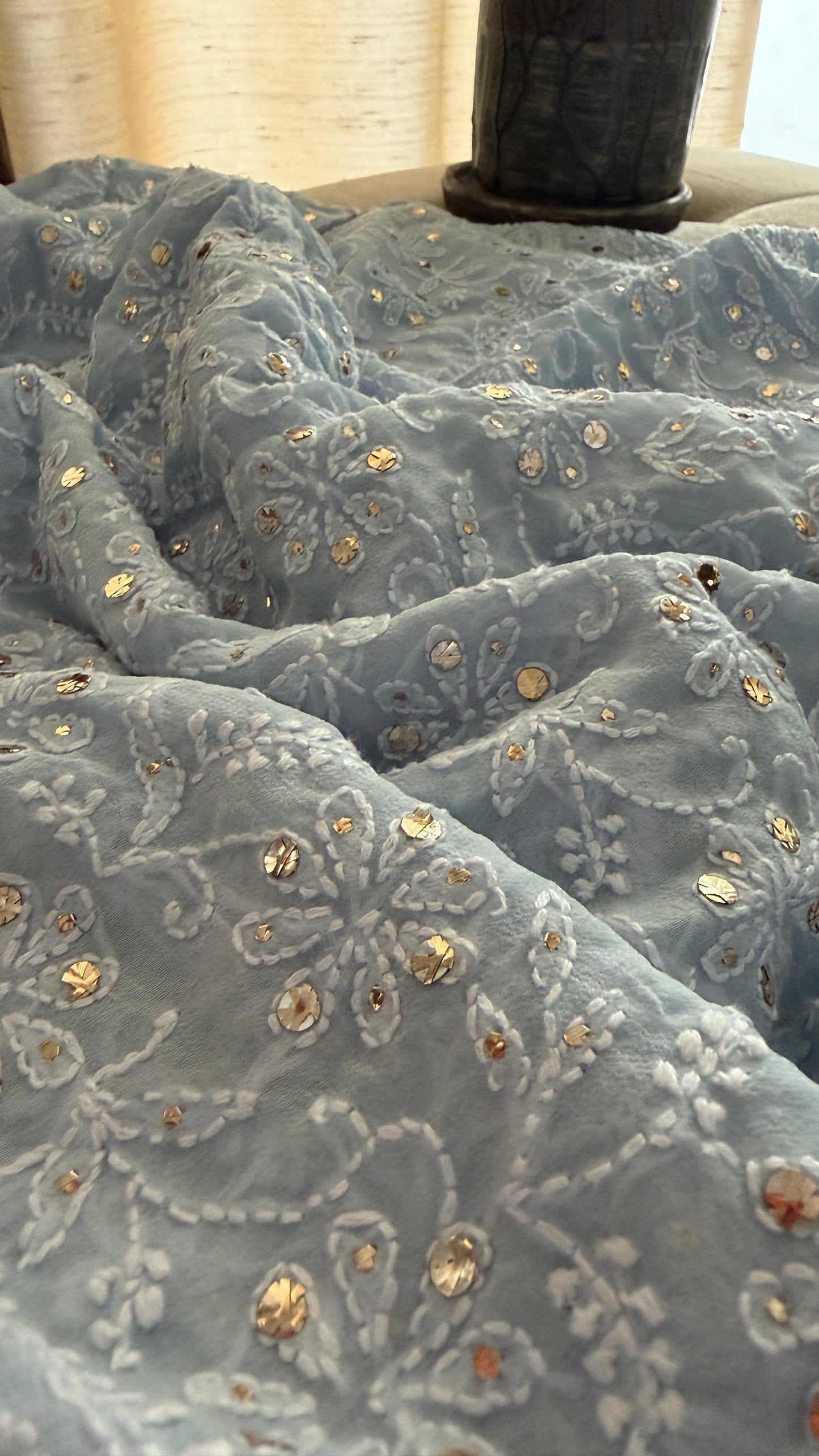 Powder Blue Mukaish Chikankari Saree