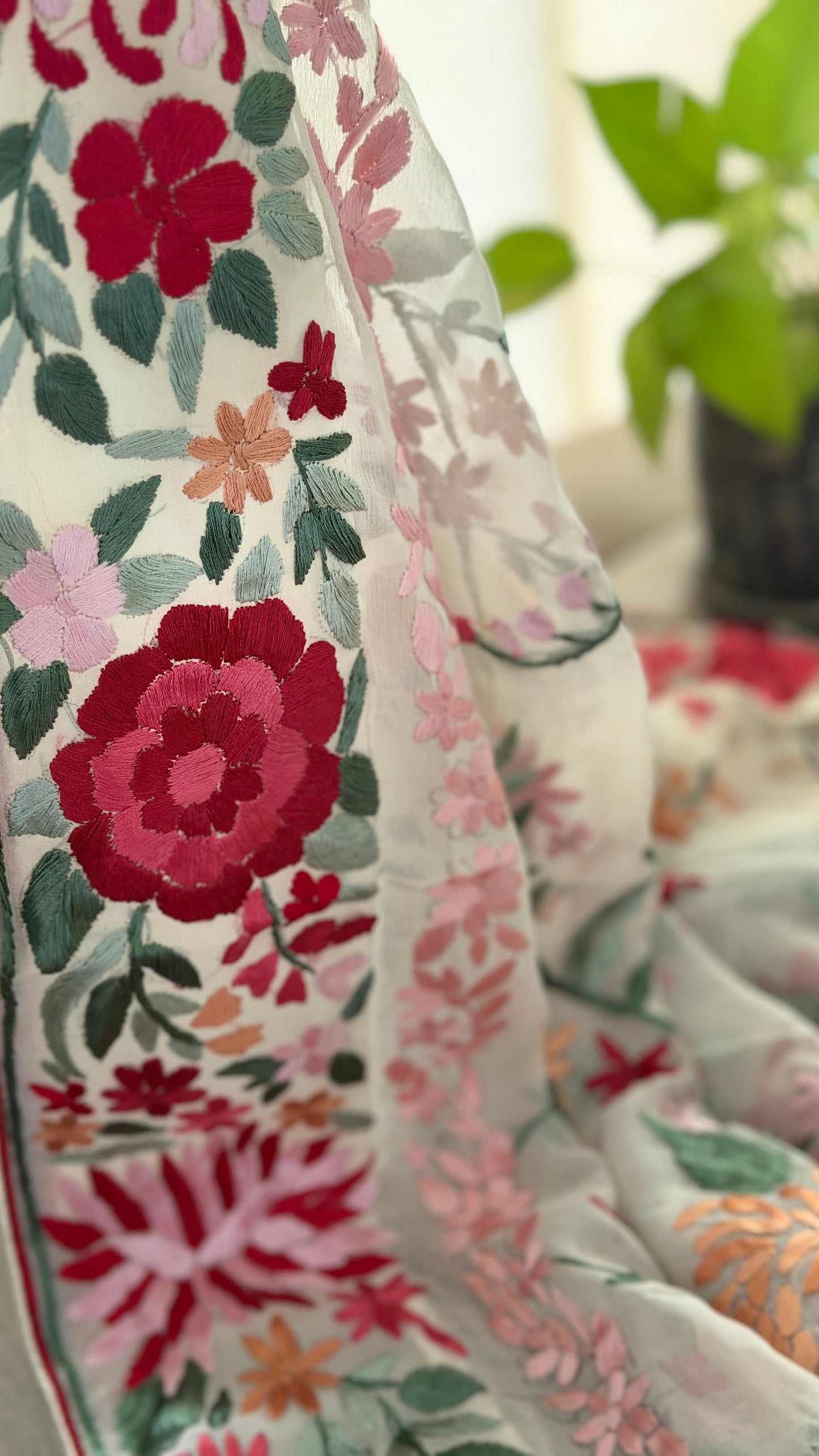 Heirloom Ivory Floral Parsi Gara Dupatta