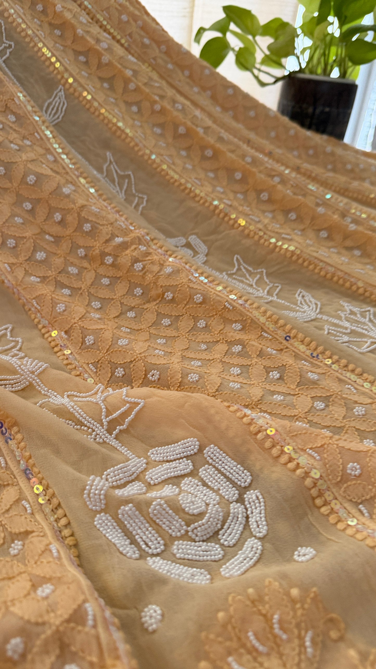 Beige Pearl Chikankari Anarkali Suit