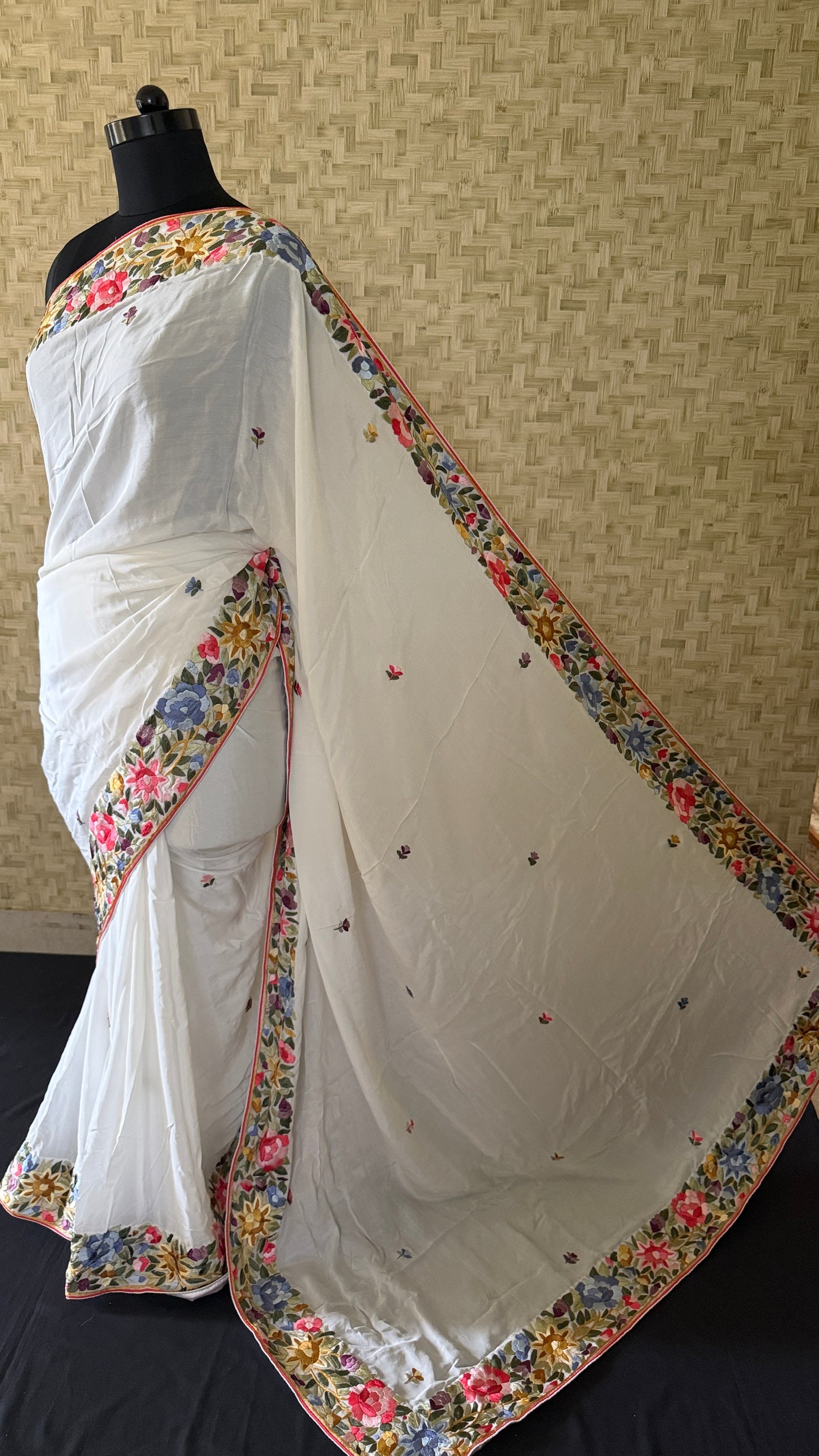 Designer Ivory White Crepe Silk Parsi Gara Saree