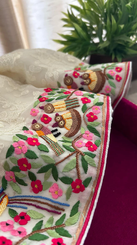 Pre Order Ivory Parsi Gara & French Knot Chikankari Saree