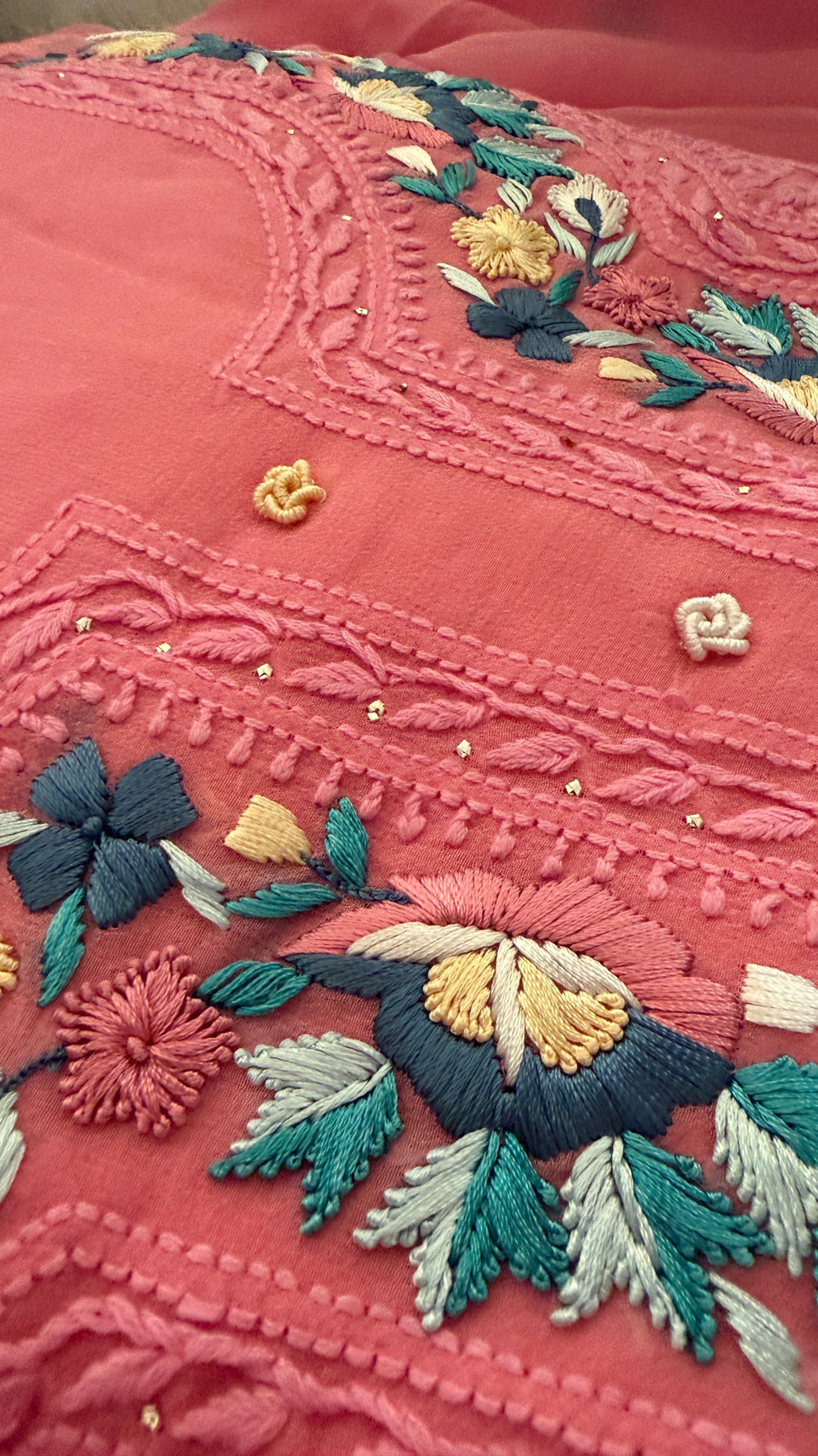 Chikankari Parsi Gara Neckline Kurta Dupatta Set
