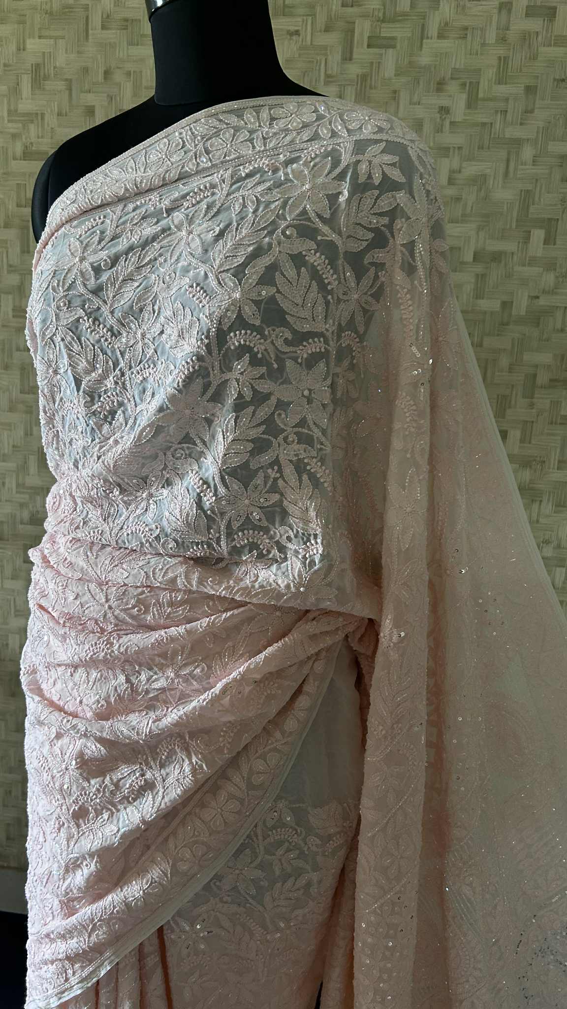 Peachy Pink Cut Dana Sequin Chikankari Saree