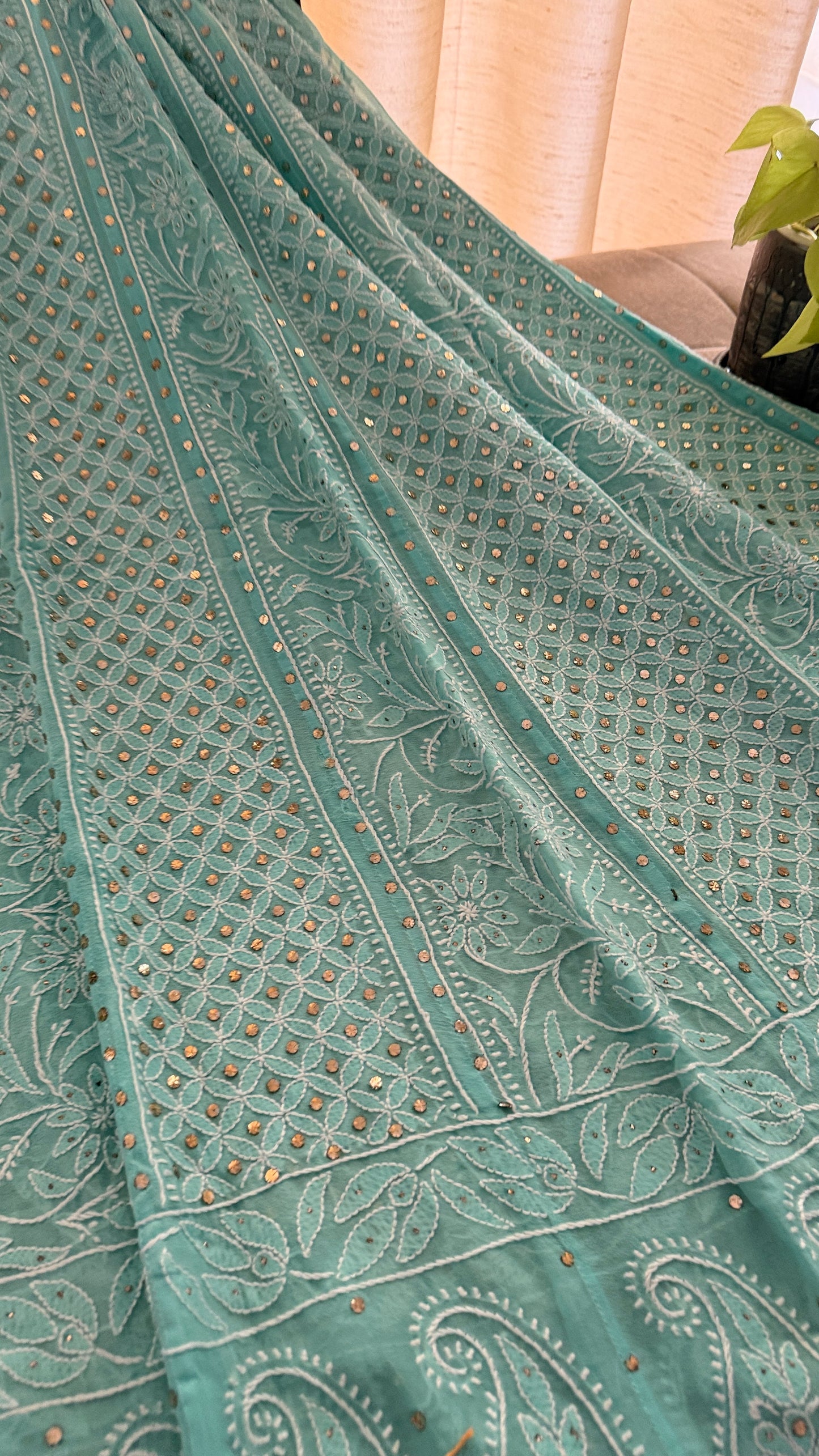 Sea Green Chikankari Anarkali Suit With Golden Mukaish (Anarkali And Dupatta)