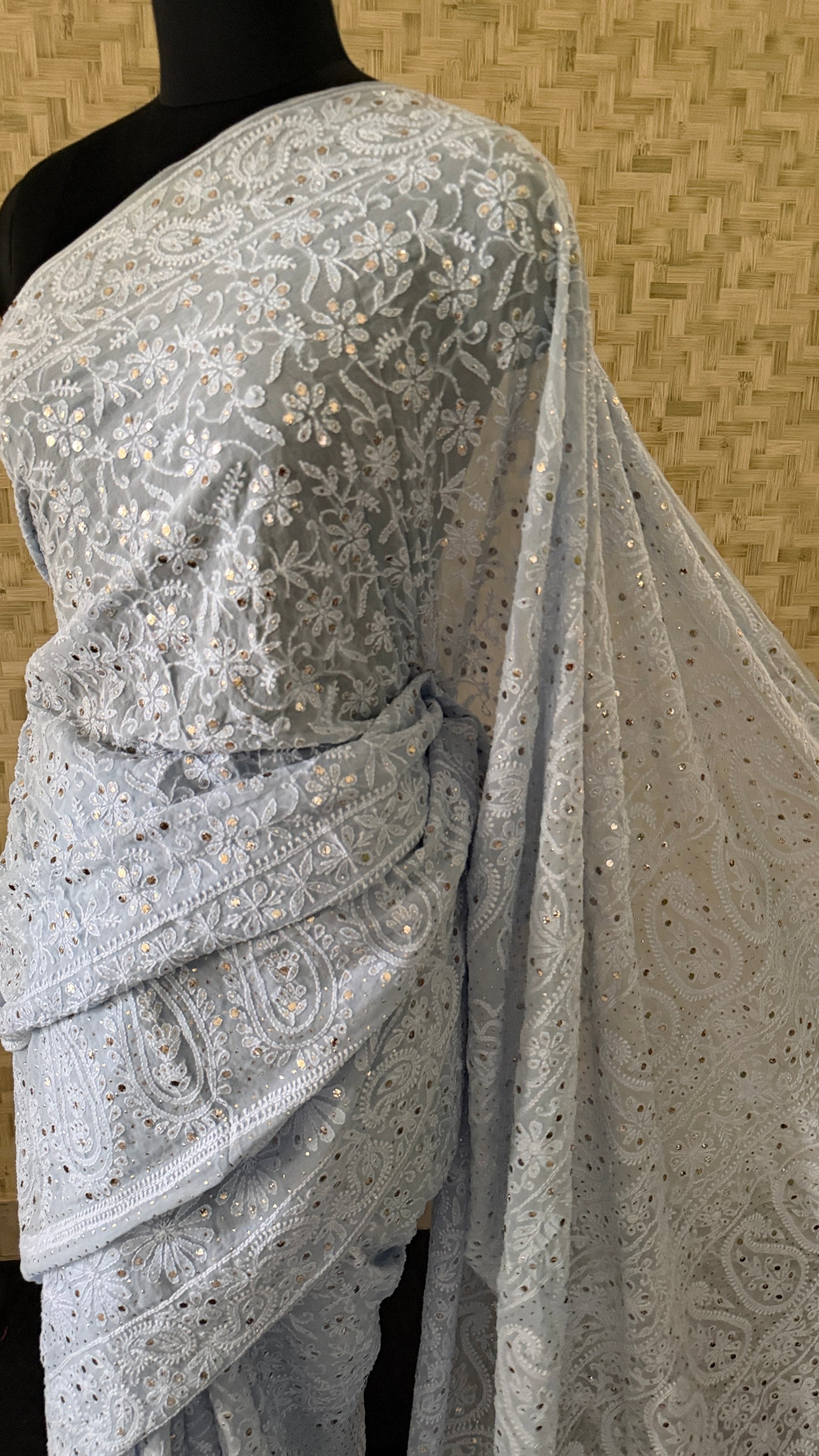 Powder Blue Mukaish Chikankari Saree