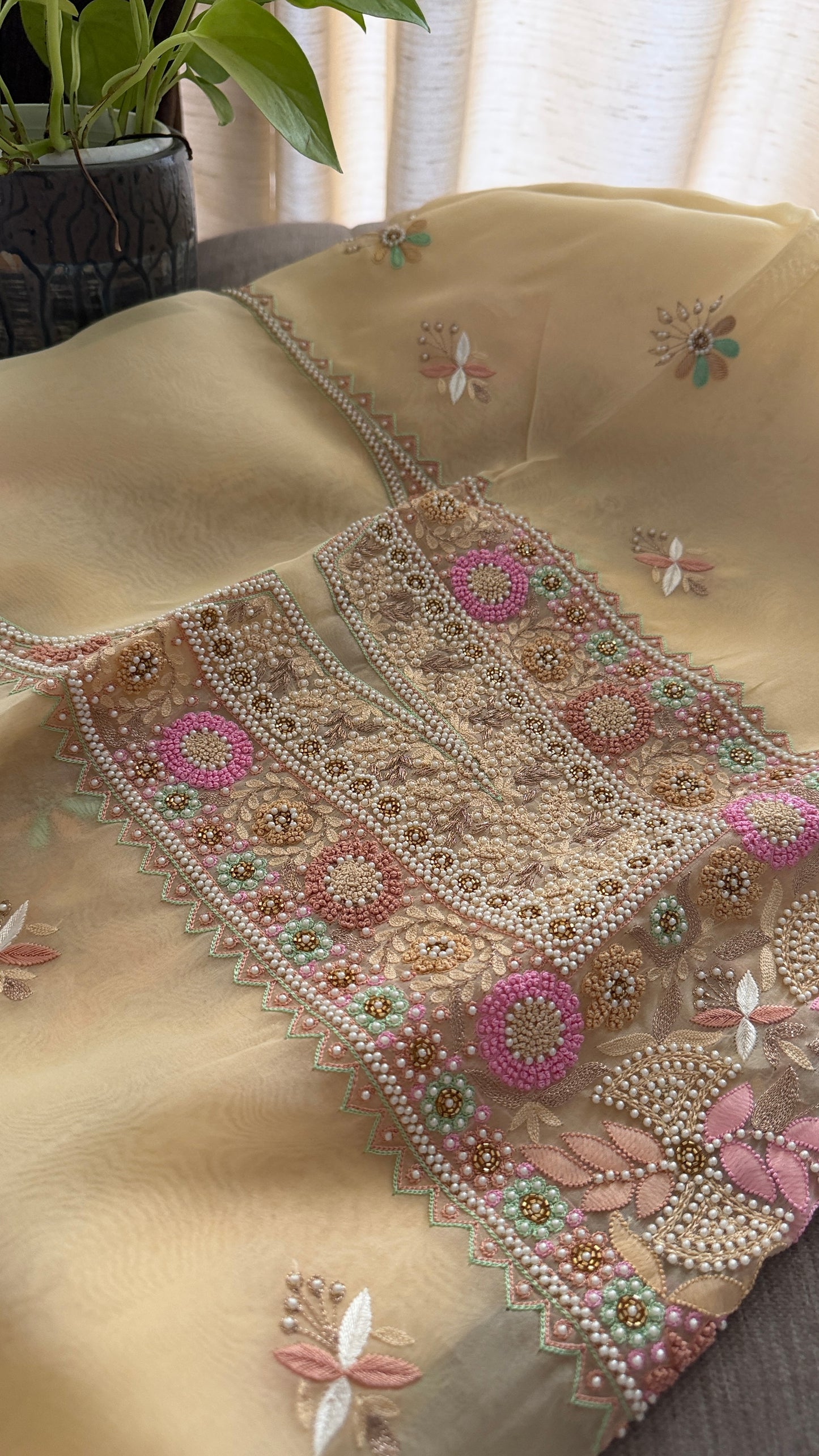 Exclusive Beige Organza Pearls Chikankari Suit