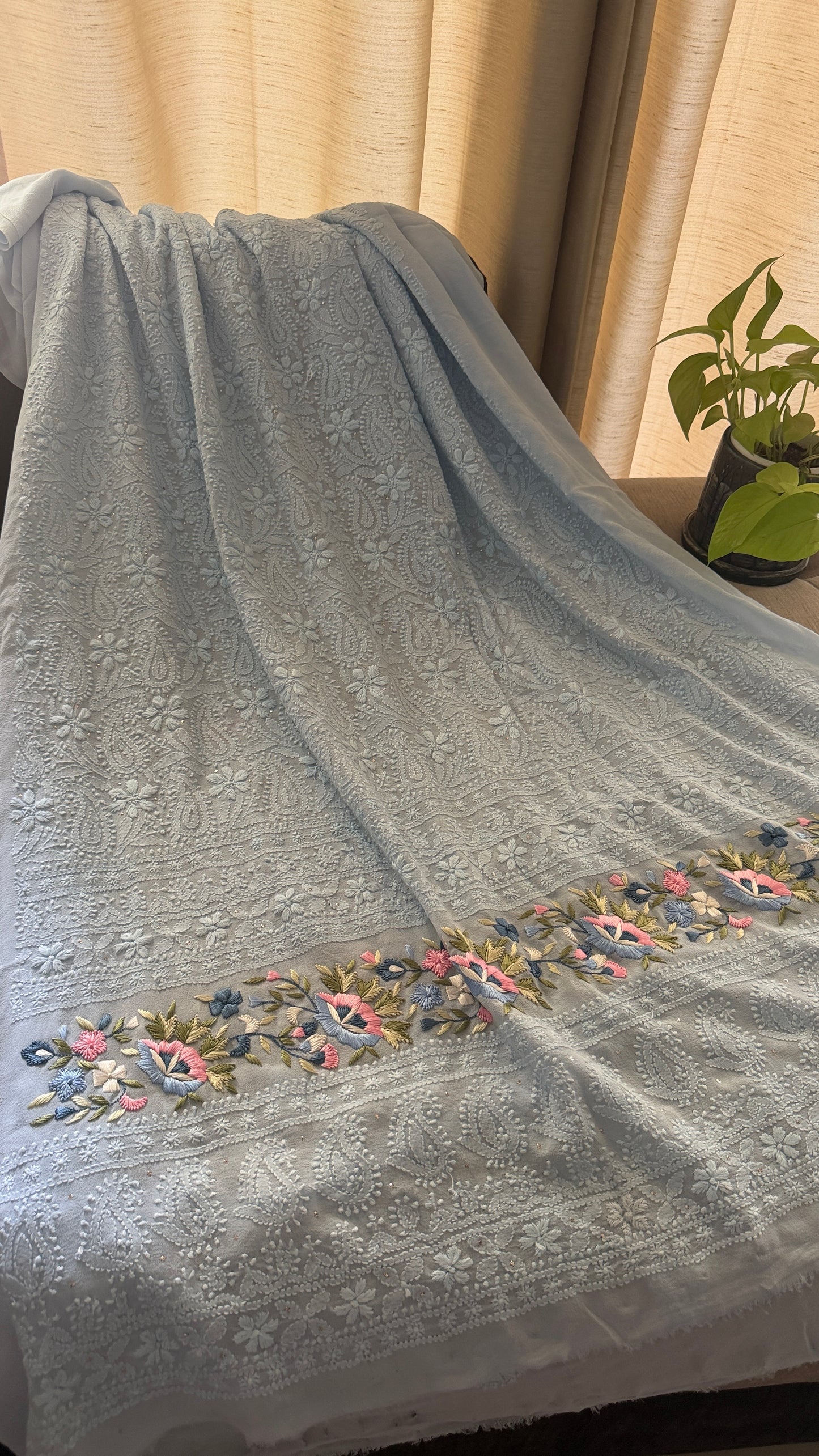 Powder Blue Chikankari Parsi Gara Daman Suit