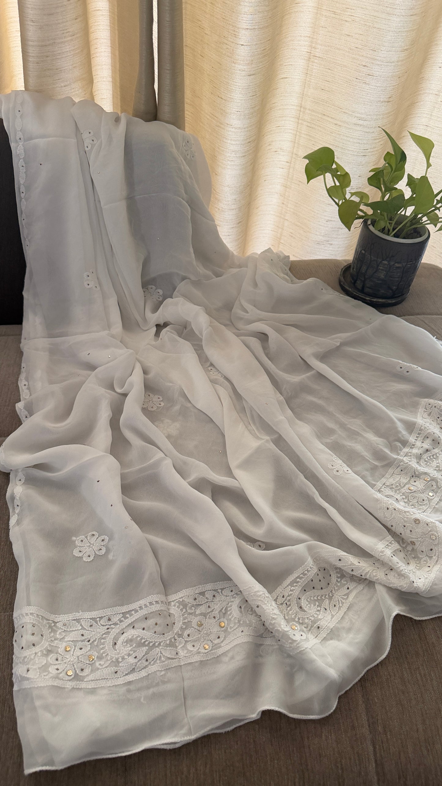 White Mukaish Chikankari Anarkali Suit