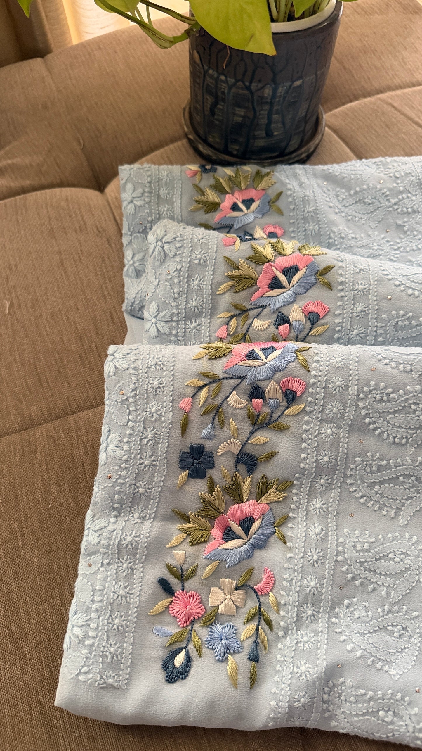 Powder Blue Chikankari Parsi Gara Daman Suit