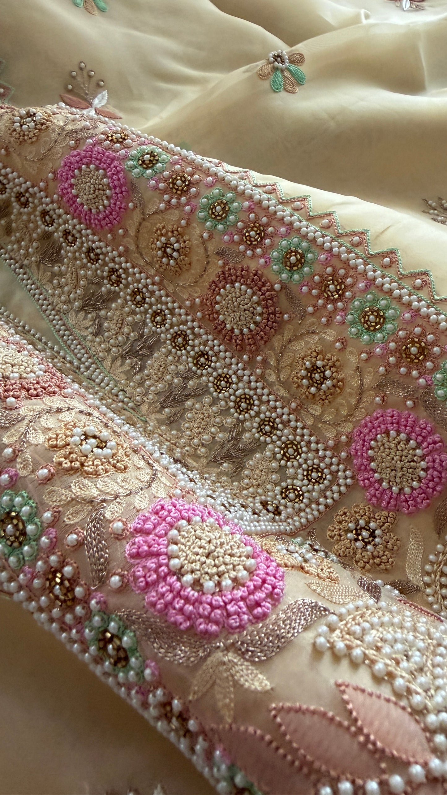 Exclusive Beige Organza Pearls Chikankari Suit
