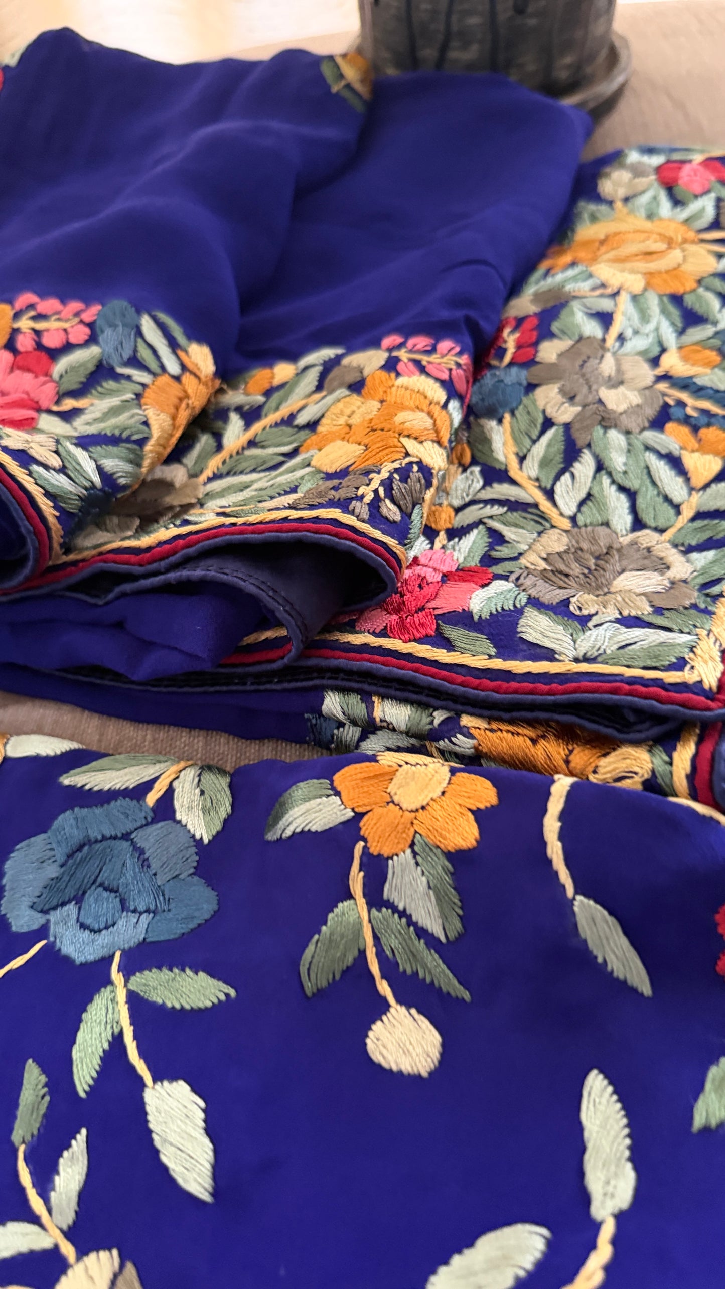 Royal Blue Floral Parsi Gara Suit (Three Piece)