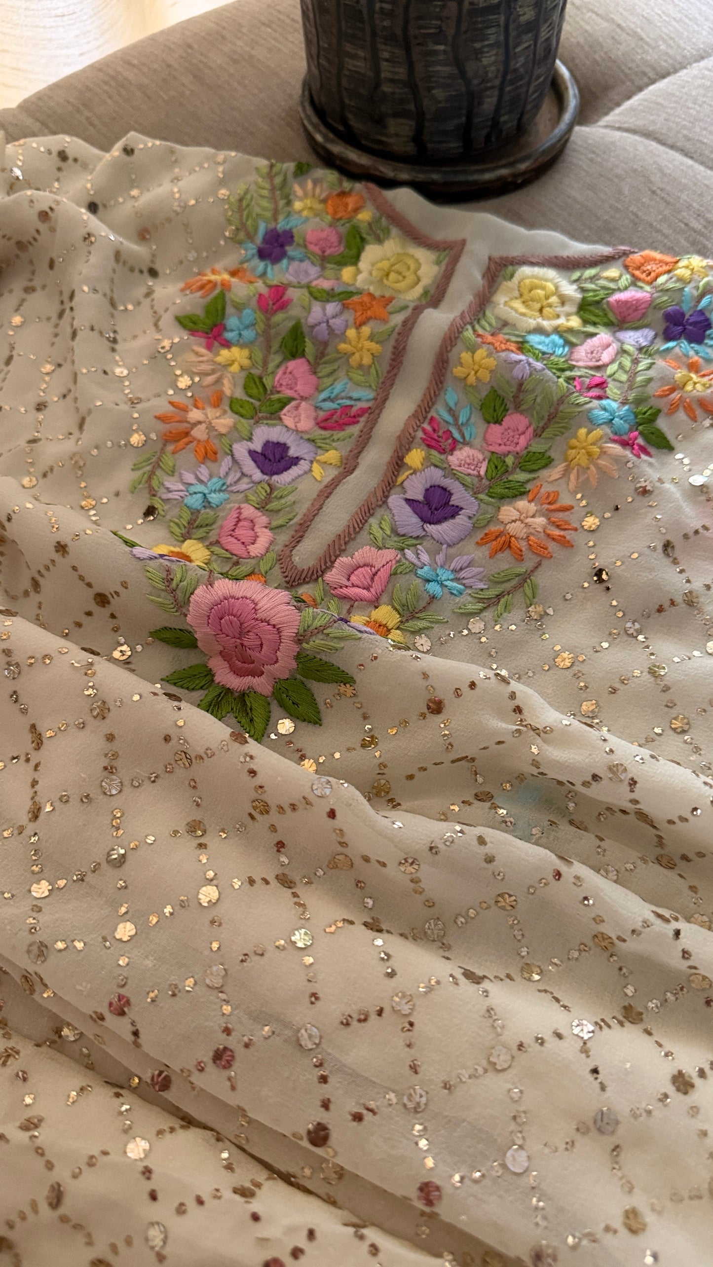 Ivory White Multicolour Neckline Kamdani Suit