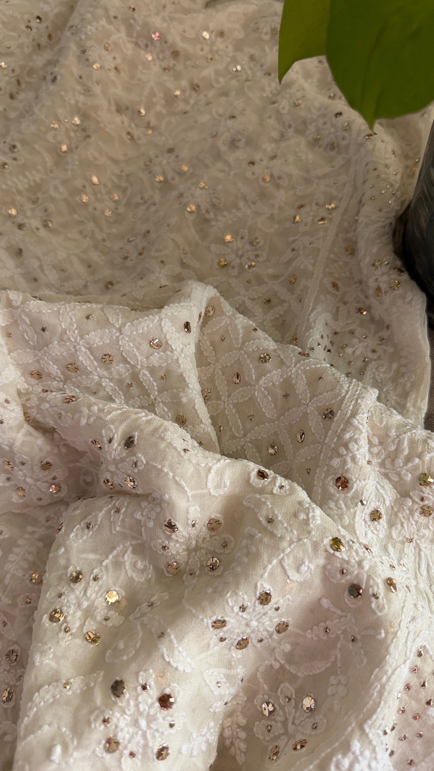 Ivory Pure Georgette Mukaish Chikankari Saree