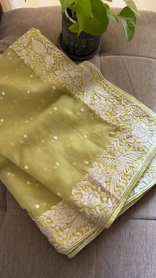 Lime Green Organza Parsi Gara Dupatta