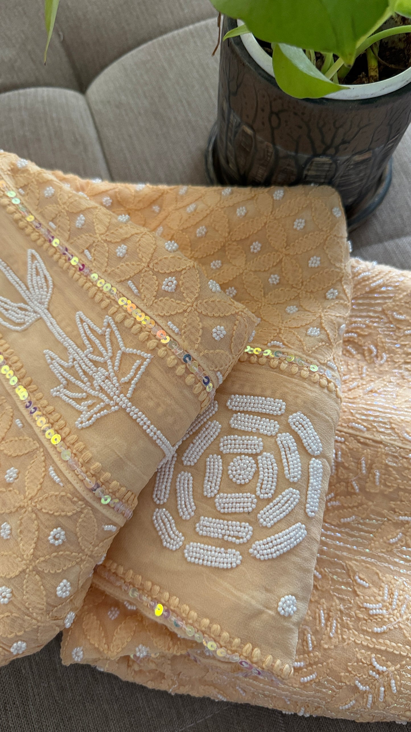 Beige Pearl Chikankari Anarkali Suit