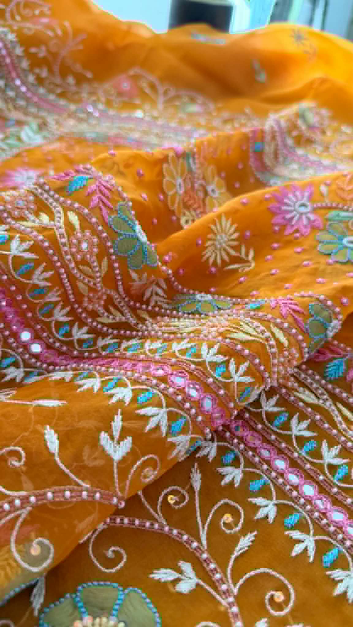 Luxury Pearl Handcrafted Organza Chikankari Suit- Rust