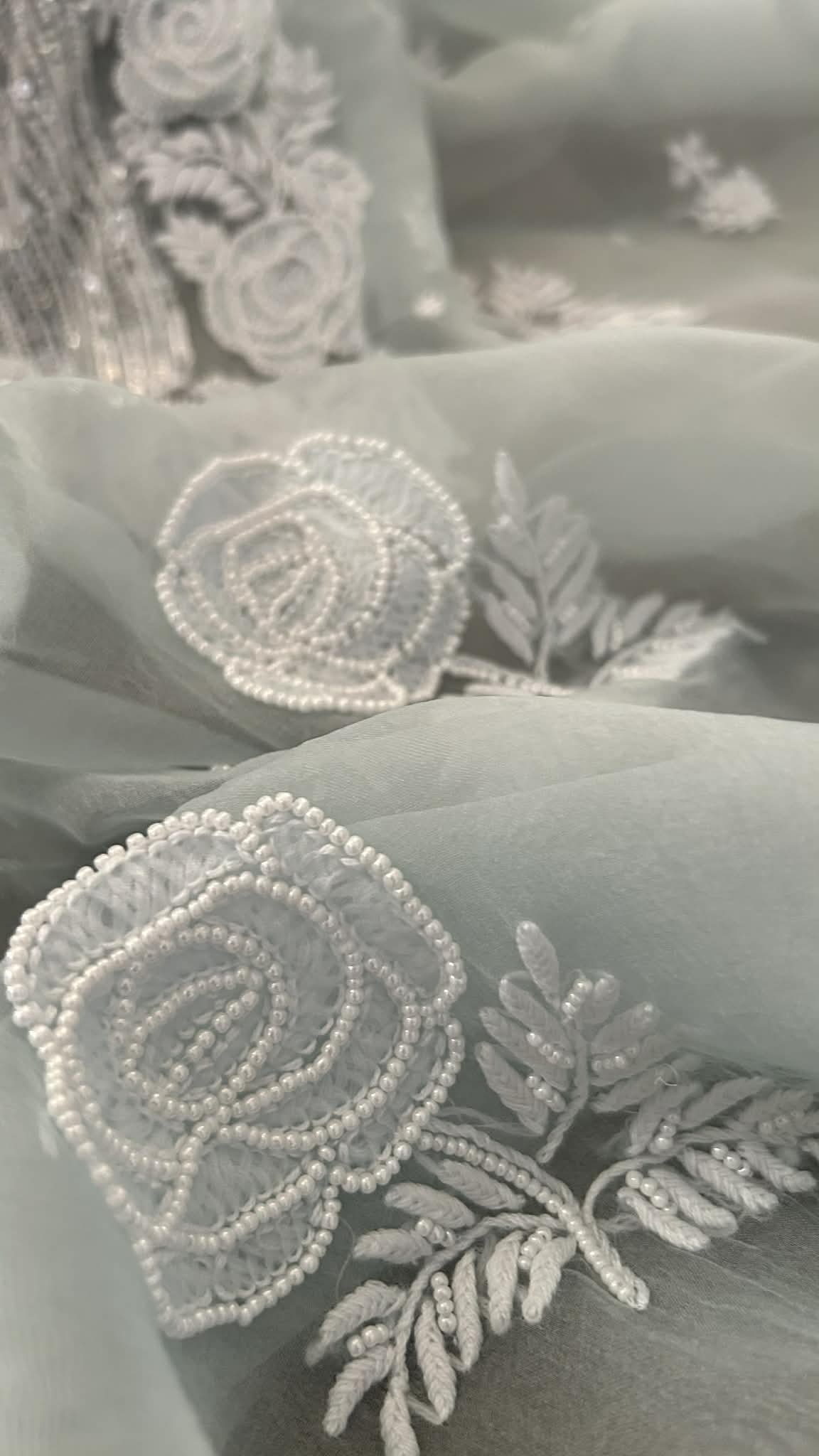 Exclusive Sage Green Organza Pearl Chikankari Suit