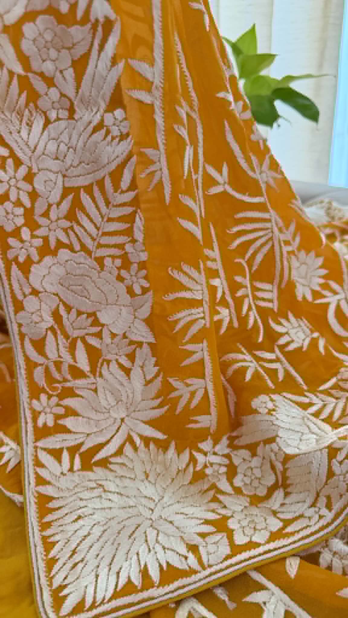Elegant Mustard Yellow Parsi Gara Dupatta