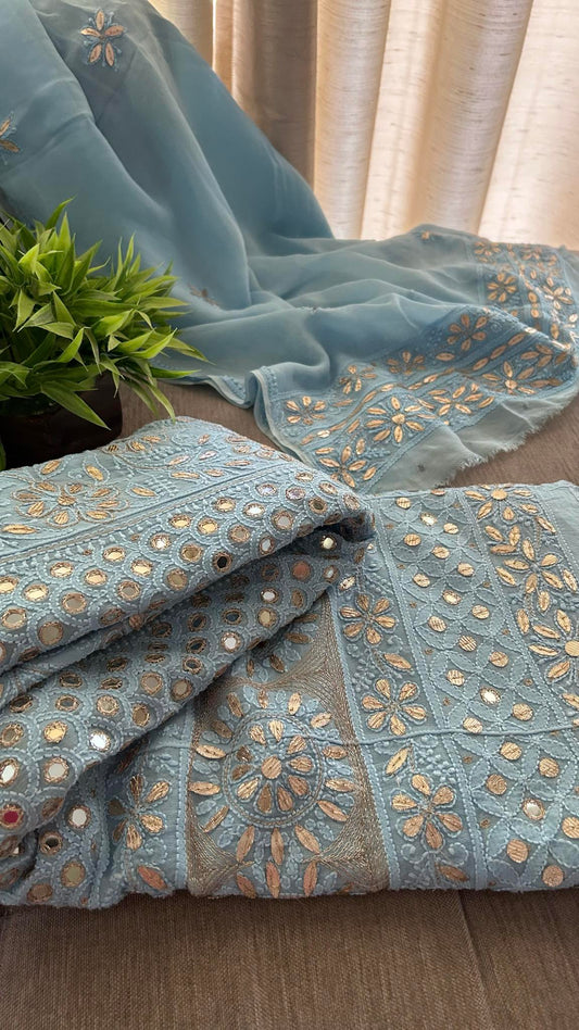 Powder Blue Mirror Gota Patti Chikankari Anarkali Suit