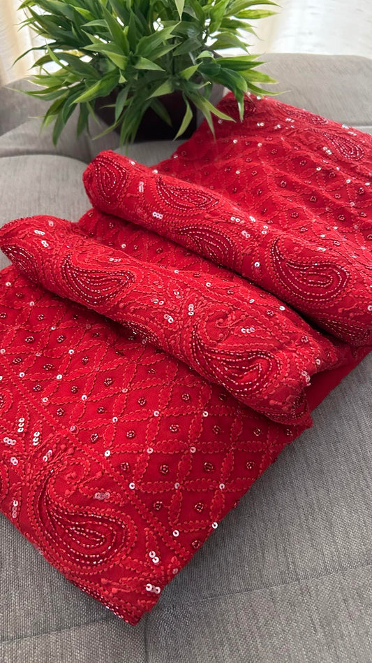 Red Party Wear Cut Dana Chikankari Kurta Dupatta Set